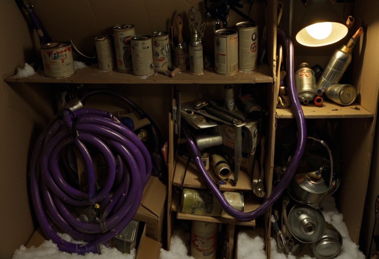 clutter, trash, purple hoses, cans, tools, light bulbs, cardboard boxes, wooden shelf, random items, disorganized storage, dark, low key, spot lighting, snow, various objects