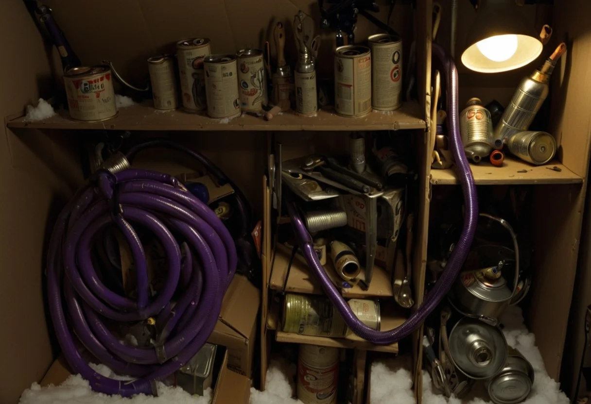 clutter, trash, purple hoses, cans, tools, light bulbs, cardboard boxes, wooden shelf, random items, disorganized storage, dark, low key, spot lighting, snow, various objects