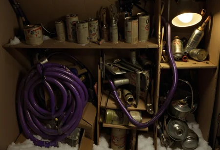 clutter, trash, purple hoses, cans, tools, light bulbs, cardboard boxes, wooden shelf, random items, disorganized storage, dark, low key, spot lighting, snow, various objects