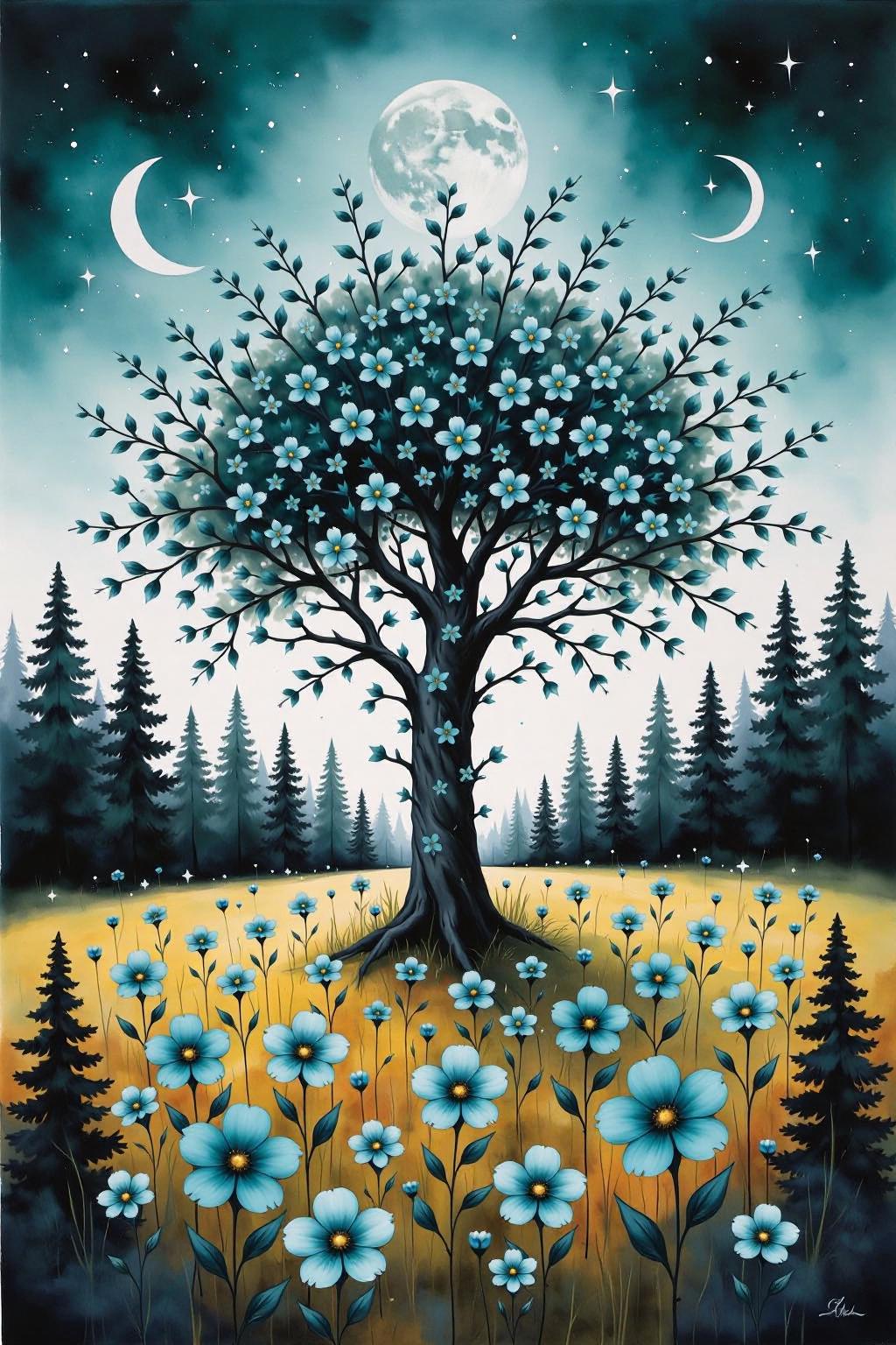 yawc1 watercolor.
Full shot of a vibrant painting.  A large central tree, rendered in deep black, is adorned with numerous small, teal-colored flowers, giving the impression of a blossoming canopy. The flowers are subtly detailed, appearing almost like tiny, decorative elements. The tree's branches spread out, forming a broad crown of flowers.  Surrounding the central tree are smaller, similarly designed trees of varying heights, all in shades of deep teal and black. These trees also sport clusters of small teal-colored flowers attached to their branches. The sky is a light teal, dotted with stars. Two crescent moons are visible, one on either side of the central, dominant full moon high up, which is silvery white.  A field of large, vibrant teal flowers covers the foreground and lower middle ground. The flowers are positioned closely together, creating a dense carpet of color. The ground is colored a pale mustard or golden yellow. Smaller, dark forest trees are visible at the far left and right foreground. The entire scene creates a feeling of a magical, floral woodland or enchanted forest under a night sky. The colors are bright and eye-catching, with a gentle overall palette. <lora:schnell_v1.0:1.0> <lora:yawcolor_flor2_d4a2:0.8><lora:798980757629665317:0>