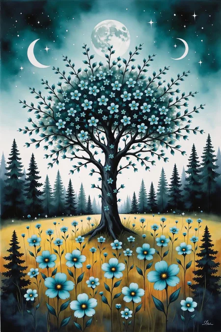 yawc1 watercolor.
Full shot of a vibrant painting. A large central tree, rendered in deep black, is adorned with numerous small, teal-colored flowers, giving the impression of a blossoming canopy. The flowers are subtly detailed, appearing almost like tiny, decorative elements. The tree's branches spread out, forming a broad crown of flowers. Surrounding the central tree are smaller, similarly designed trees of varying heights, all in shades of deep teal and black. These trees also sport clusters of small teal-colored flowers attached to their branches. The sky is a light teal, dotted with stars. Two crescent moons are visible, one on either side of the central, dominant full moon high up, which is silvery white. A field of large, vibrant teal flowers covers the foreground and lower middle ground. The flowers are positioned closely together, creating a dense carpet of color. The ground is colored a pale mustard or golden yellow. Smaller, dark forest trees are visible at the far left and right foreground. The entire scene creates a feeling of a magical, floral woodland or enchanted forest under a night sky. The colors are bright and eye-catching, with a gentle overall palette. <lora:schnell_v1.0:1.0> <lora:yawcolor_flor2_d4a2:0.8><lora:798980757629665317:0>