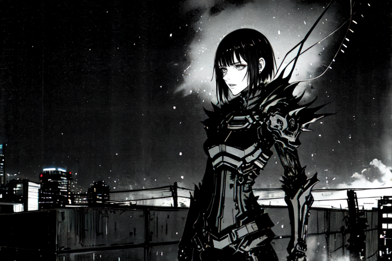 highly insanely detailed, masterpiece, top quality, best quality, highres, 4k, 8k, RAW photo, (very aesthetic, beautiful and aesthetic),  
tsutomu nihei,nihei_tsutomu,blame!,blame gakuen!,abara,TNstyle,sidonia_no_kishi,gauna,gauna mech,drainpipe,light particles,fog,smoke,mist,foggy,toha heavy industries,concrete walls,metal walls,dark sky,black sky,tentacles,star \(sky\),starry sky,dome,wire,flock,no human,empty,decrepit,blm,futuristic,dark background,open space,cyberpunk,science fiction, 
<lora:ABARA:0.7>, 
(1girl:1.3), 
solo focus, 
flare,fog,wet,wet body,rain,raining,night,neon lights,twilight,a colorful background,(fluid color background),âââ