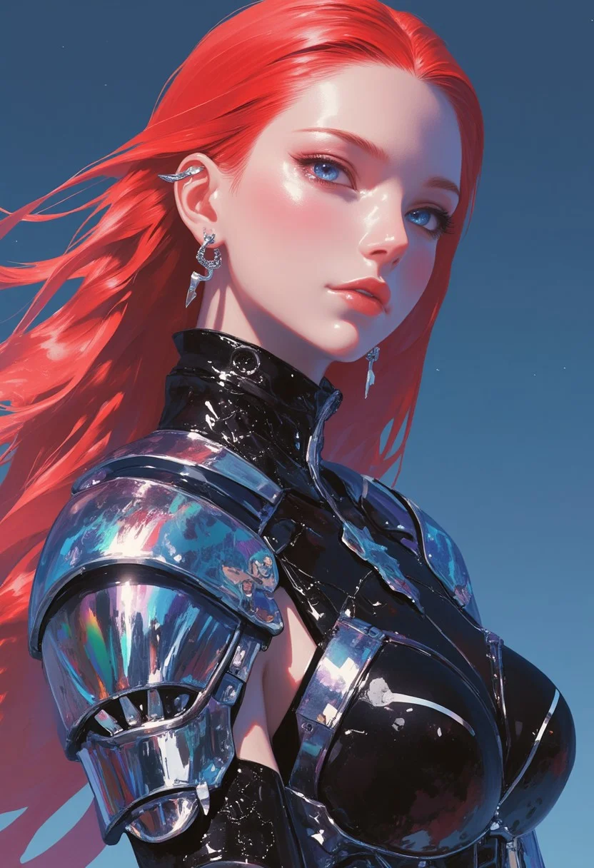 A super hyper-realistic full-body illustration of EPpkJessie with long, slicked-back red hair and piercing blue eyes. Her expression is serious and emotionless, complementing her sleek, platinum metal skin, which shines with vibrant chromecore reflections. She stands in dark, monochrome armor that features intricate, glowing patterns, adding depth to her form. The background is simple yet powerful, a mix of dark and blue tones that contrast with the bright, vibrant chromecore elements on her skin. Hints of gradient color ripple across her metallic body, blending colorful accents into the armor. The scene evokes dark fantasy vibes, with a balance between shadowy undertones and glowing highlights, giving her an otherworldly, futuristic aura.,glow_skin,iridescent skin,oily skin,portrait
 ((glow_skin,iridescent skin,oily skin,portrait, Detailed hand, Hand, Perfect hand, in the style of Jed-clrfl, surreal photo, iridescent, aesthetic))