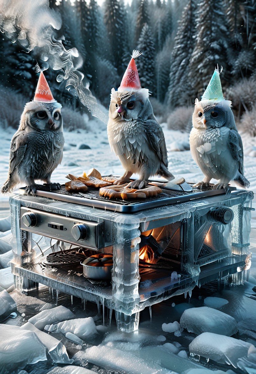 1c3_w1n73r, a ridiculous frozen backyard BBQ disaster where a gang of raccoons made entirely of ice try to cook frozen marshmallows over a grill shooting goofy translucent icy flames, one raccoon slipping on a patch of frozen fire sparks, another juggling glowing ice cubes that look like tiny frozen fireballs, a confused snow owl wearing a melted icicle party hat, all animals sparkling with ridiculous frost and crystal textures, chaotic icy fire smoke swirling in funny shapes, no humans, ultra-detailed but absurdly silly, snowy winter mess with ice shards and glowing embers everywhere