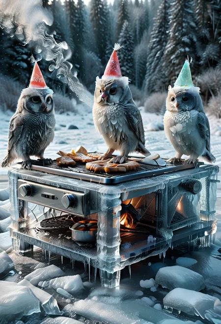 1c3_w1n73r, a ridiculous frozen backyard BBQ disaster where a gang of raccoons made entirely of ice try to cook frozen marshmallows over a grill shooting goofy translucent icy flames, one raccoon slipping on a patch of frozen fire sparks, another juggling glowing ice cubes that look like tiny frozen fireballs, a confused snow owl wearing a melted icicle party hat, all animals sparkling with ridiculous frost and crystal textures, chaotic icy fire smoke swirling in funny shapes, no humans, ultra-detailed but absurdly silly, snowy winter mess with ice shards and glowing embers everywhere