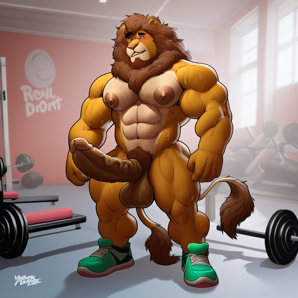 score_9, score_8_up, score_7_up, 2k, 4k, high res, 2d (artwork), detailed background, Yasser, lion, brown body, blue eyes, brown fur, pink messy hair, older, pink chest hair, pink facial hair, 1boy, solo, large pectorals muscular male, abs, bara, large nipples, gold nipple piercings, pink collar, long tail, furry, proud expression, blushing, sweating, sweaty, naked, green toeless shoes, large hips, bottom heavy, thick thighs, male genitals, penis, testicles, large penis, erection, large testicles, gym background, bright room, standing