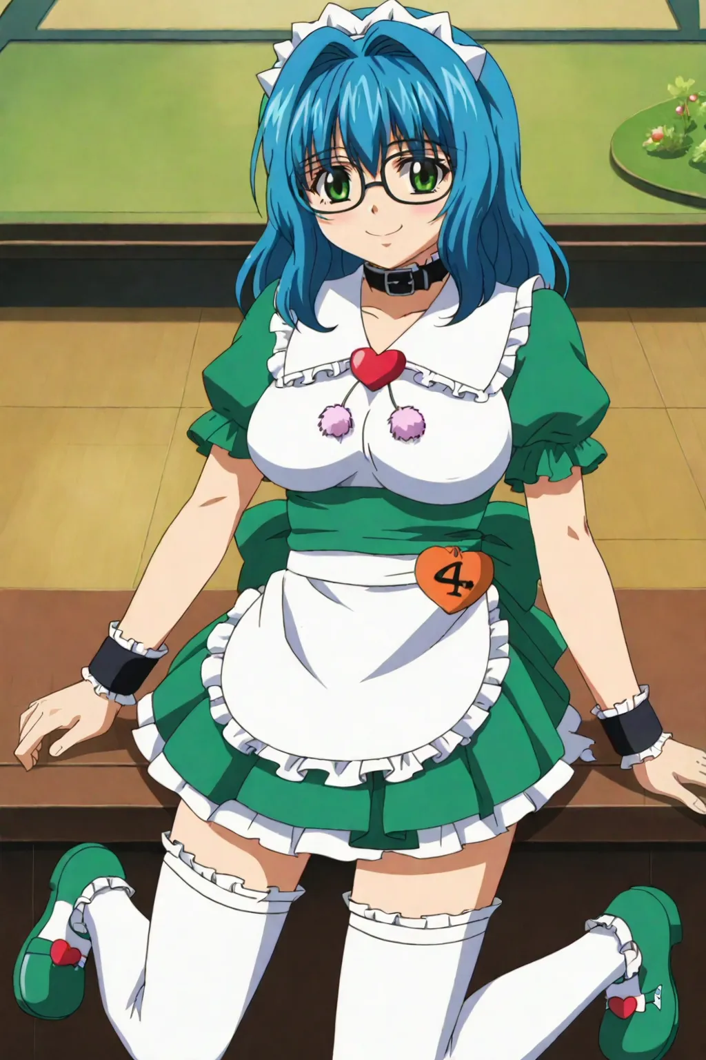 score_9, best, masterpiece, uncensored,
1girl, solo, smile,
(KagamiHarue:1.3), maid headdress, waitress, pom pom (clothes), frilled white thighhighs, white with green accents ankle boots with pink heart, frilled cuffs, green sash with back ribbon, white frilled waist apron, black belt collar with white frills, frilled sailor collar with hearth brooch, green frilled puffy short sleeves, green pleated miniskirt with white frills, glasses,
blue hair,
<lora:FamiresSenshiPuddingKagamiHarueParfait_V3:0.8>​​​
