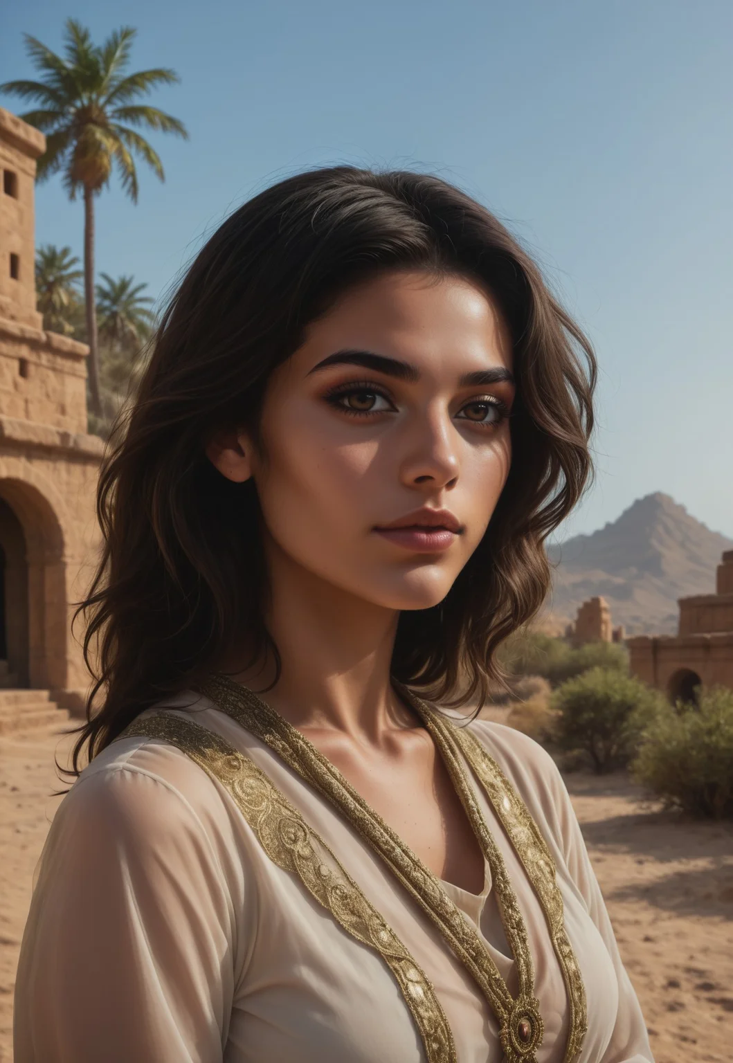 score_9, score_8_up, score_7_up, 1girl, solo, desert nomad, flowing robes with intricate embroidery and desert-inspired patterns, ancient curved scimitar with a polished bronze blade and a wrapped leather handle, long wavy black hair adorned with desert flowers, realistic, cinematic angle, cinematic lighting, slender body, mysterious face, deep brown eyes, vigilant pose
BREAK
standing guard at an oasis in the heart of the desert
BREAK
source_fantasy_art, rating_explicit, expressive, full body, dynamic pose
BREAK
detailed beautiful background, vast desert landscape with rolling sand dunes and distant mirages, lush oasis with palm trees and a sparkling pool of water, ancient ruins and desert creatures, distant mountains with rugged cliffs, mystical atmosphere with a sense of adventure and mystery
<lora:Expressive_H:0.6>Expressiveh, (SimplepositiveXLv1:1.3), (upper body, full clothed:1.85) ((masterpiece)) (ultra realistic, 32k, masterpiece:1.2), (high detailed skin:1.1), (high quality:1.1) (((full clothed))) <lora:DandonFuga_Style_v.2_-_Pony:0.8>
<lora:add-detail-xl:1>
<lora:Dynamic Poses:1>