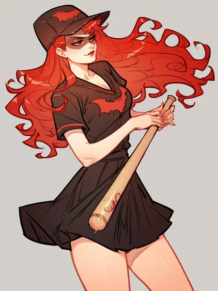 score_9, score_8_up, score_7_up, score_6_up, score_5_up, <lora:B4twomanXLP:1> b4twoman, 1girl, solo, red hair, long hair, hat, baseball bat, skirt, black shirt