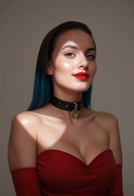 score_9, score_8_up, score_7_up, score_6_up, 
l1ght0nf4c3, lightonface, Light on Face, rating_safe, 
1girl, solo, long hair, breasts, looking at viewer, blush, smile, bangs, blue eyes, large breasts, black hair, closed dress, gloves, dress, bare shoulders, closed mouth, blue hair, upper body, multicolored hair, elbow gloves, hair over one eye, collar, lips, gradient hair, red lips,
 looking at viewer, simple background,  shadow,  realistic, dark