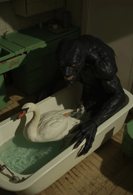 This image is a digital photograph with a surreal, fantastical twist. The scene is set in an old, slightly dilapidated bathroom with greenish walls and a worn, beige carpet. In the center, a large, dark, humanoid creature with a wolf-like head and menacing, sharp teeth is emerging from a white bathtub. The creature's fur is black and textured, giving it a realistic, almost menacing appearance. Its arms are muscular and its claws are visible, adding to the threatening nature of its pose.
The bathtub is filled with water, and a large, white swan is gracefully swimming inside. The swan's neck is stretched out, its head tilted back, and its wings are partially extended, creating a striking contrast with the menacing creature.
The bathroom's decor is minimalistic, with a greenish countertop and a small sink to the left. The countertop is cluttered with a few items, including a bottle and a towel. The room's lighting is dim, casting shadows and adding to the eerie atmosphere.
The photograph is taken from a slightly elevated angle, capturing the creature's imposing presence and the swan's serene beauty. The surreal nature of the image juxtaposes the creature's ferocity with the peacefulness of the swan, creating a stark