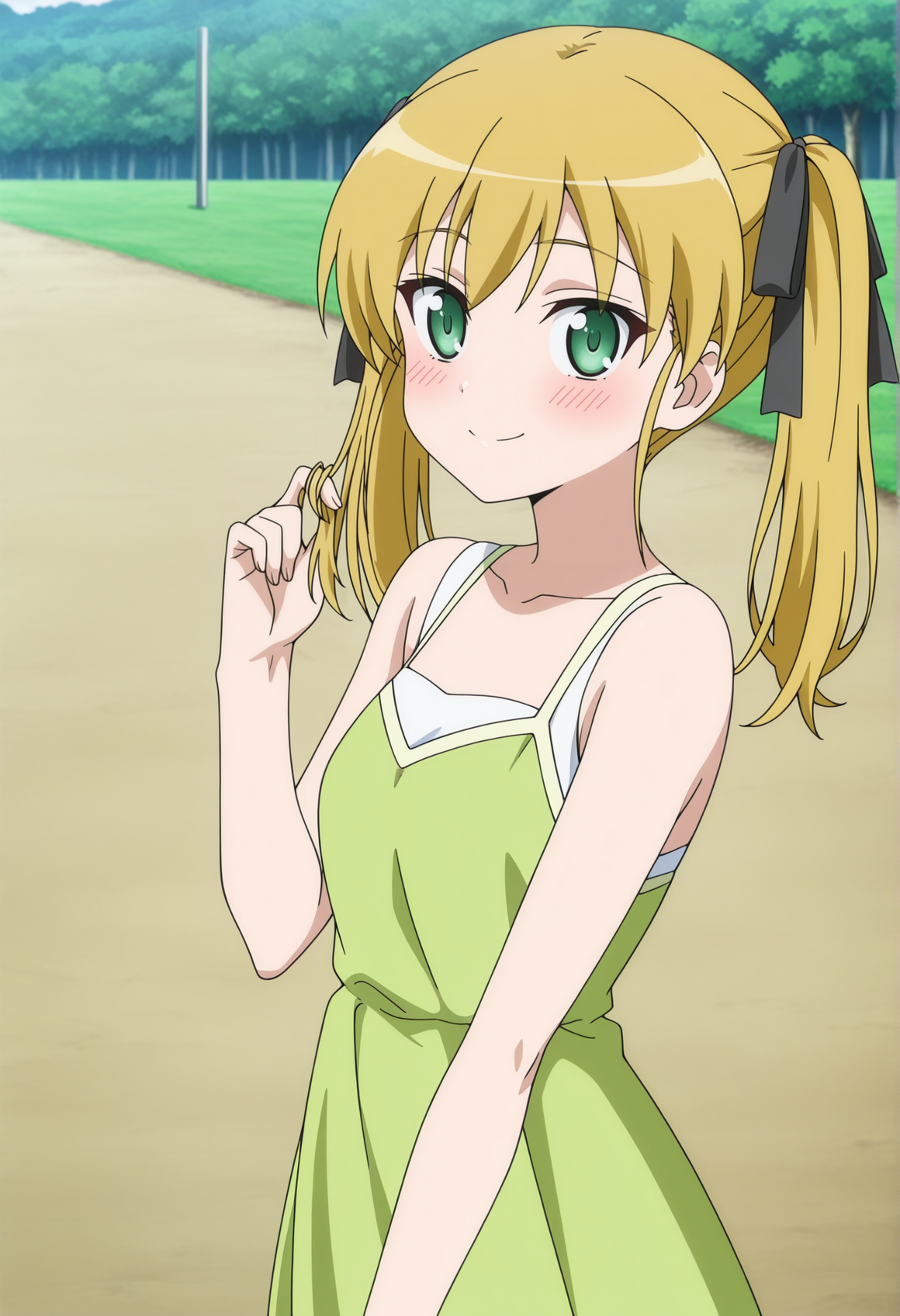 anime coloring, anime screencap, 1girl, blonde hair, green eyes, twintails, black ribbon, green sundress, outdoors, walking, looking at viewer, embarrassed, smile, twirling hair, portrait <lora:becky_dd:1>, masterpiece, best quality, amazing quality, very aesthetic, absurdres, highres, newest