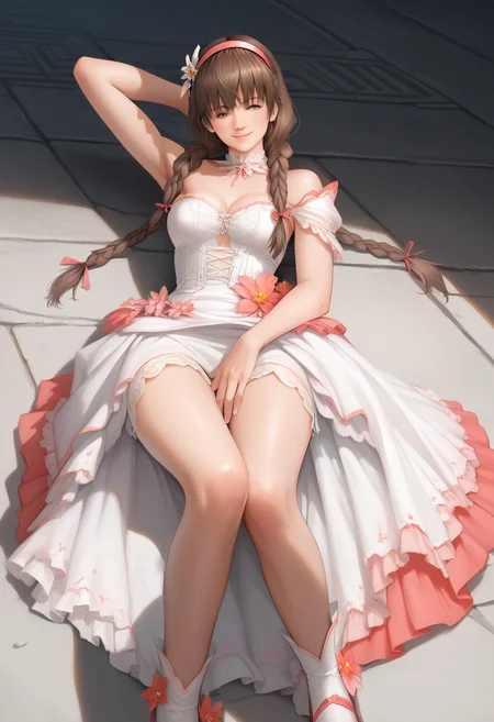 score_9, score_8_up, score_7_up, best quality, masterpiece, source_anime, anime screenshot, zPDXL2, BREAK 1girl , braid,  twin braids, ,hairband , brown hair, <lora:hitomidoa:1>, dress, jewelry, hairband, hitomi, hitomibounquet, flower, legs, thighhighs,, Lying with one arm draped over eyes, smile happy,