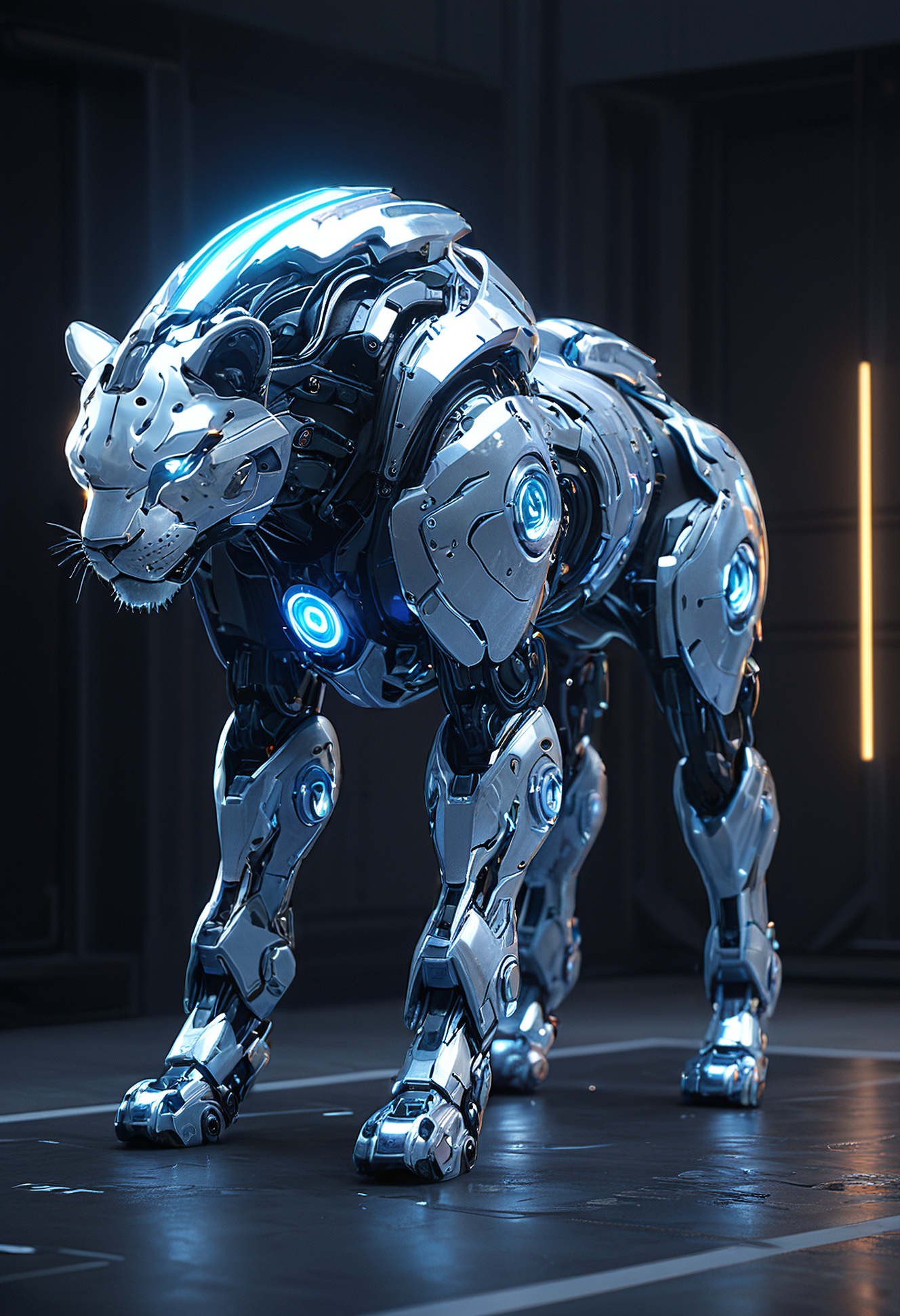 (masterpiece), (best quality), (masterpiece), (best quality), robotic android lion <lora:SilverPulseMorphXL:0.8> SilverPulse, masterful composition, dynamic volumetric lighting, realistic  ray_tracing, reflection, hyperrealistic, masterful composition, dynamic movement, ray_tracing, global illumination, glow