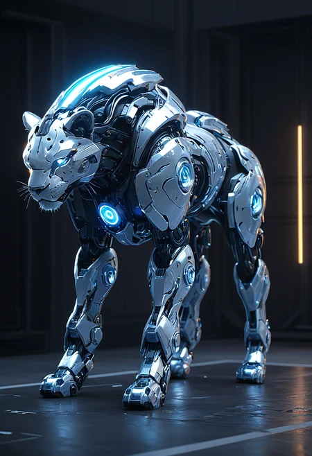 (masterpiece), (best quality), (masterpiece), (best quality), robotic android lion <lora:SilverPulseMorphXL:0.8> SilverPulse, masterful composition, dynamic volumetric lighting, realistic ray_tracing, reflection, hyperrealistic, masterful composition, dynamic movement, ray_tracing, global illumination, glow