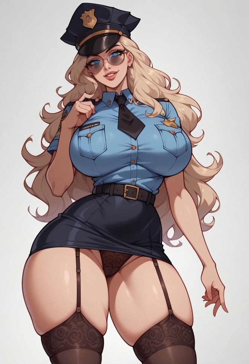 score_9_up, score_8_up, score_7_up, MFCG PDXL, source_anime, beautiful face, beautiful eyes, detailed eyes, detailed face, masterpiece, expressive eyes, perfect face,
1woman, (solo:1.3), woman solo, hourglass shaped body, curvy figure, clear background,
 (police uniform, skirt, clevege, belt, skirt, shirt, black sunglassess:1.1), stockings with garters,
dynamic standing seductive pose, seductive pose, half body,lewd face, slutty a lot, lewd face, slutty a lot, horny eyes, smug, high waisted thongs, high waisted thongs,
huge ass, huge tits, (large ass),
beautiful anime face, detailed anime face,
(wide hips:1),
Lanna, blonde hair, long hair, blue eyes, large breasts, horny, lewd, slutty,