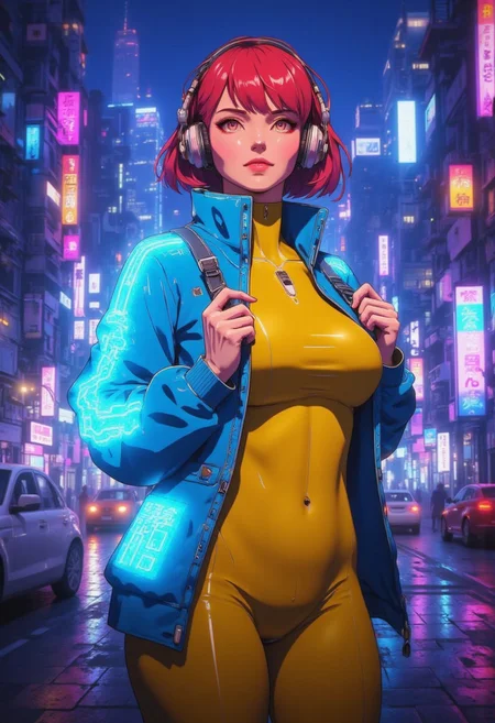 hdr, 4k, highly detailed, Increase image resolution, high quality render, Smart Sharpen, hard focus, Reduce image noise, A mature woman with short red hair stands in a dynamic pose on a neon-lit street at midnight. She has beautiful facial features with red lips, wearing a neon-lighted blue jacket and a yellow, full-body bodysuit that accentuates her hourglass figure, with a curvy waist, large bust, and thick thighs. She wears headphones, holding them with both hands, eyes closed and lips together in a gentle smile. The background is a vibrant, nighttime cityscape with towering buildings and neon signs illuminating the dark street, but everything except the woman is blurred with a depth-of-field effect, creating a soft focus on the surroundings. The camera captures her full body in a colorful, detailed anime style with vivid lighting and rich colors.