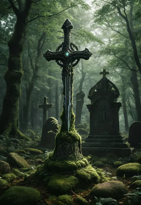 A detailed image of an enchanted medieval fantasy sword thrust into a large, clean boulder that serves as a gravestone. The sword is vertical, resembling a cross, with the blade driven in slightly more than halfway. The sword appears ancient, with a slightly glowing blade and intricate details on the hilt. The boulder is clean and solid, not covered in moss, and the grave is relatively new. The scene is somber and mystical, set in a quiet, slightly overgrown graveyard.