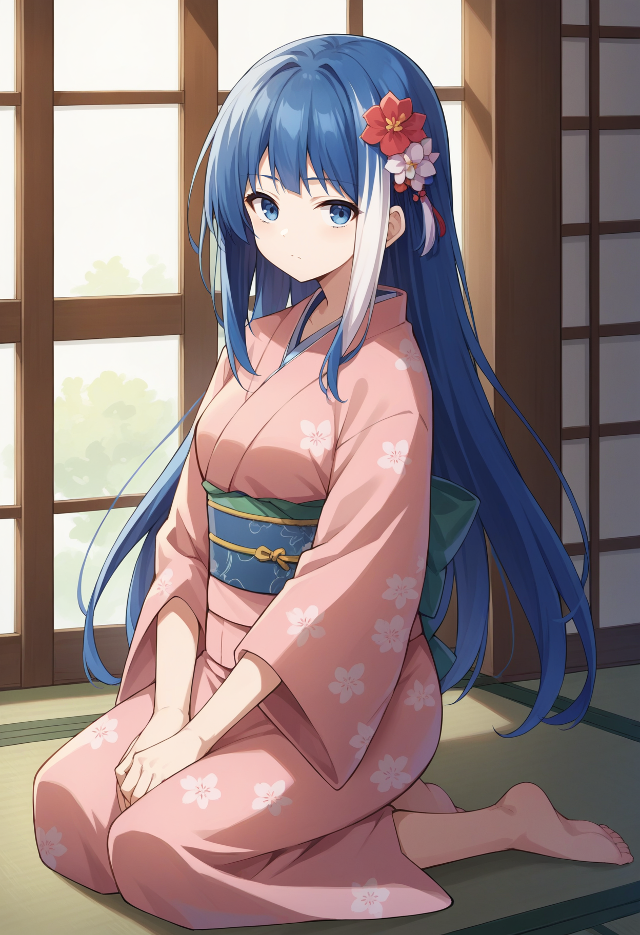 score_9, score_8_up, source_anime, 1girl, solo, MutsumiYozakura, long hair, streaked hair, indoors, kimono, hair flower, floral print, wariza, kneeling, <lora:ChamMutsumiYozakuraPonyXL:1>