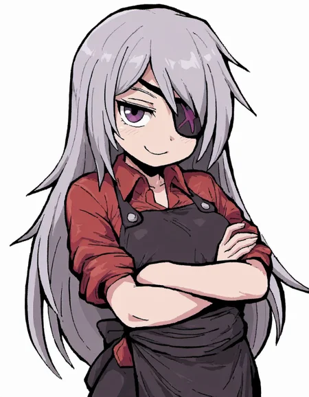 masterpiece, best quality, amazing quality, very aesthetic, high resolution, <lora:lonarpg_style_v2_illustrious_epoch_7:0.9>, jaggy lines, pixel,
lonarpg, 1girl, solo, crossed arms, shirt, grey hair, eyepatch, simple background, smile, apron, red shirt, looking at viewer, long hair, purple eyes, black apron, collared shirt, black skirt, (white background),