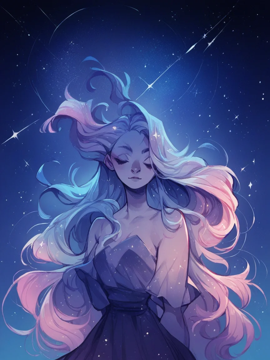 score_9, score_8_up, score_7_up, score_6_up, score_5_up,  <lora:f33f4lXLP_r2:1> f33f4l, 1girl, long hair, starry sky,