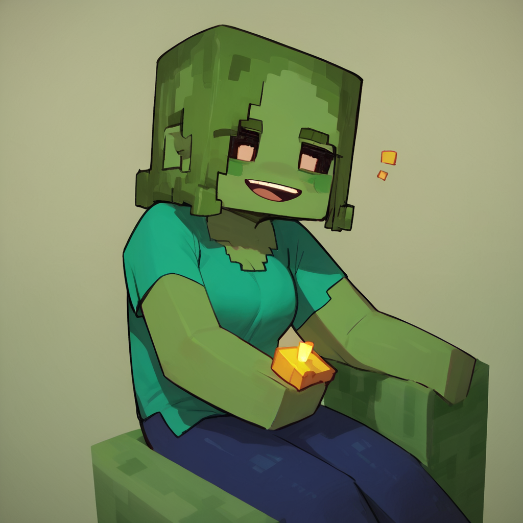 score_9, score_8_up, score_7_up, score_6_up, score_5_up, score_4_up, source_anime,  mcZombie, minecraft, sitting, happy