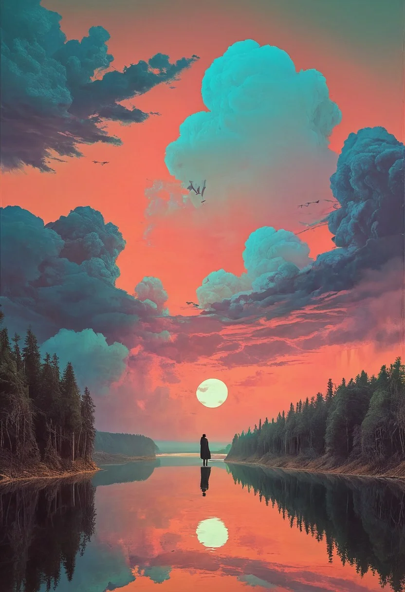 (art by Eduard Wilhelm Pose and Master of the Holy Blood and Ivan Bilibin:1.1)(oxygen-rich air and sheltered atmosphere,, aesthetic of hard - edge painting:0.1) (ingenious opus magnum by Michael Vincent Manalo and Elvira Vigna:1.2), (pastel oil painting:0.1) The sky is filled with swirling clouds, vivid colors, and ethereal light, reminiscent of Beksinski's abstract paintings. A silhouette figure lies within each frame, their form blending with the surreal beauty of the sky. The post-processing enhances the dreamlike quality, adding a soft focus and a subtle glow to the ethereal light, creating a sense of otherworldly peace.