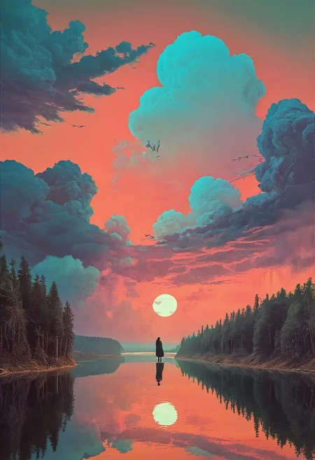 (art by Eduard Wilhelm Pose and Master of the Holy Blood and Ivan Bilibin:1.1)(oxygen-rich air and sheltered atmosphere,, aesthetic of hard - edge painting:0.1) (ingenious opus magnum by Michael Vincent Manalo and Elvira Vigna:1.2), (pastel oil painting:0.1) The sky is filled with swirling clouds, vivid colors, and ethereal light, reminiscent of Beksinski's abstract paintings. A silhouette figure lies within each frame, their form blending with the surreal beauty of the sky. The post-processing enhances the dreamlike quality, adding a soft focus and a subtle glow to the ethereal light, creating a sense of otherworldly peace.