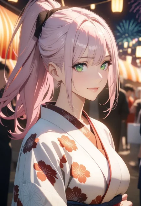 1woman, solo, long hair, pink hair, black choker, green eyes, eyeliner,  gorgeous lips, squats, ponytail, kimono, floral print, hair flaps, yukata, white kimono, japanes festival, night, aerial fireworks, light smile, looking at viewer
(anime, masterpiece, intricate:1.3), (best quality, hires textures, high detail:1.2), (4k),(incredibly detailed:1.4), perfect anatomy, graceful face, slim, pointed nose, (nostrils:1.3), gorgeous lips, UHD, 8K, ultra detailed, a cinematic photograph of HDR photo of Closeup photo of a beautiful natural 27-year-old woman,