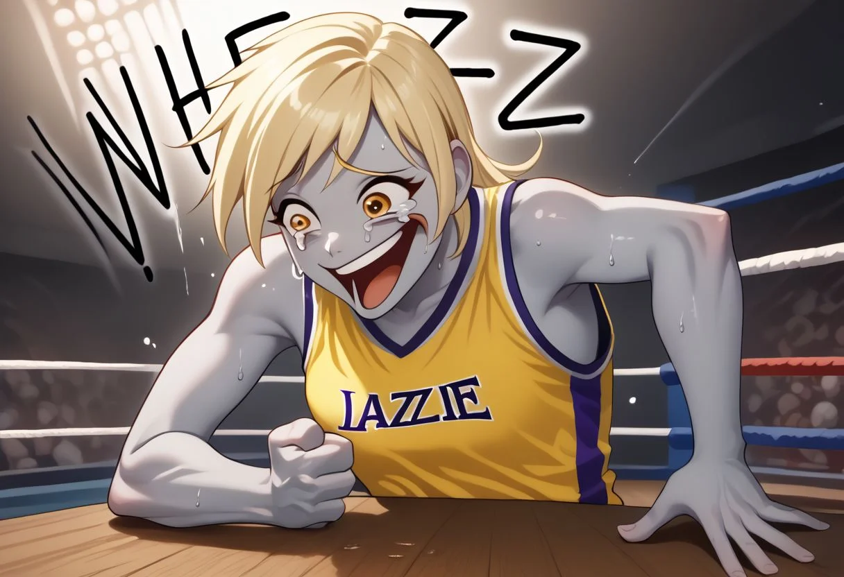 EnD_Niji_Sports, source_pony, Wheeze, open mouth, tears, laughing, Derpy Hooves, colored skin, grey skin, smile, crazy eyes, collarbone, upper body, shirt, bare shoulders, closed mouth, sweat, sleeveless, makeup, sportswear, wrestling uniform, hand on table, english text, clenched hand BREAK PonyXLV6_Scores