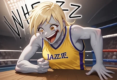 EnD_Niji_Sports, source_pony, Wheeze, open mouth, tears, laughing, Derpy Hooves, colored skin, grey skin, smile, crazy eyes,  collarbone, upper body, shirt, bare shoulders, closed mouth, sweat, sleeveless, makeup,  sportswear, wrestling uniform, hand on table, english text, clenched hand BREAK PonyXLV6_Scores