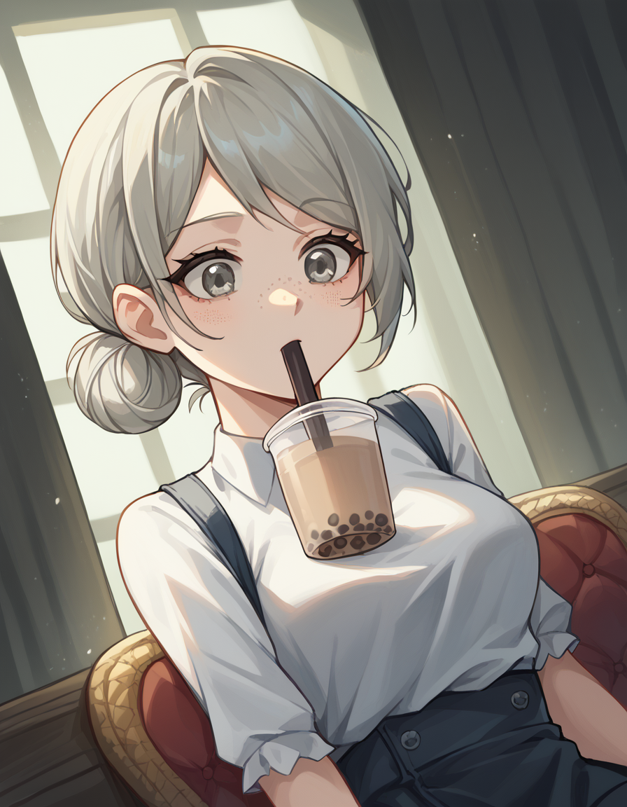 score_9, score_8_up, score_7_up, source_anime, <lora:reverse1999-vertin-ponyxl-lora-nochekaiser:1>,, vertin, freckles, grey eyes, grey hair, hair bun, short hair, medium breasts,, <lora:bubble-tea-challenge-ponyxl-lora-nochekaiser:1>, bubble tea challenge, bubble tea, object on breast, drinking straw, drinking straw in mouth, drinking, cup,, indoors, sitting, looking down, , cowboy shot, dutch angle