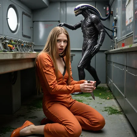 full body, realistic, raw photo, digital photo, sci fi, tall, delicate, 18yo, slim british female, soft face, freckles, emerald eyes, full lips, very long strawberry blonde v-cut straight hair, dirty orange space bodysuit, orange overall, orange ballet flats, dynamic pose, sitting on floor nearby a table,  lurking, hiding, scared expression, side view, holding knife,,  a xenomorph creature in pirate attire on background, holding saber, dynamic pose indoors, space ship interior, grey panel walls, round window, mainframes and control panels, rubbish everywhere, green sticky slime,  cyberspace outside, planets outside, cinematic lighting, led light, dark artificial light, tension, horror scene, cinematic shadows, detailed skin, sharp focus on female, detailed background, overall detail,   <lora:sameface2:-0.8>,  <lora:flux-photo:1>