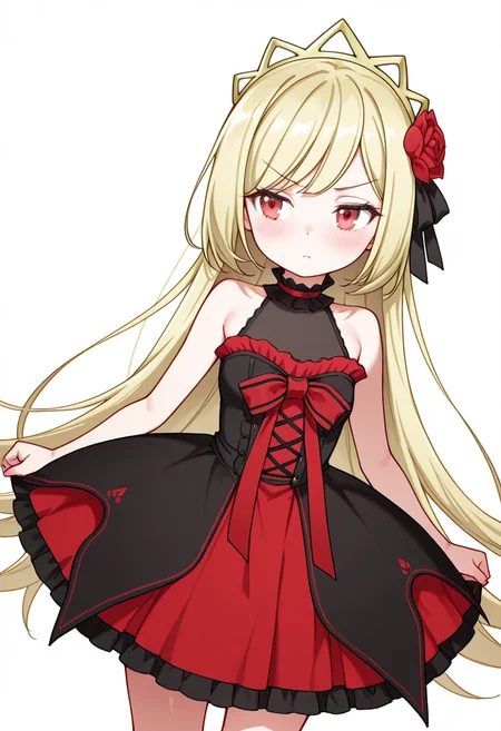 Smooth Quality,masterpiece,very intricate, high quality details, ultra realistic, high detailed skin,detailed enviorement,absurdres,
thumbs up,
<lora:Ecute_CNR:0.8> ecute_cnr, 1girl, blonde hair, very long hair, red eyes, bare shoulders, black dress, sleeveless dress, gothic fashion,tiara, hair flower,black footwear,, simple background, white background, dutch angle,solo,, blush,