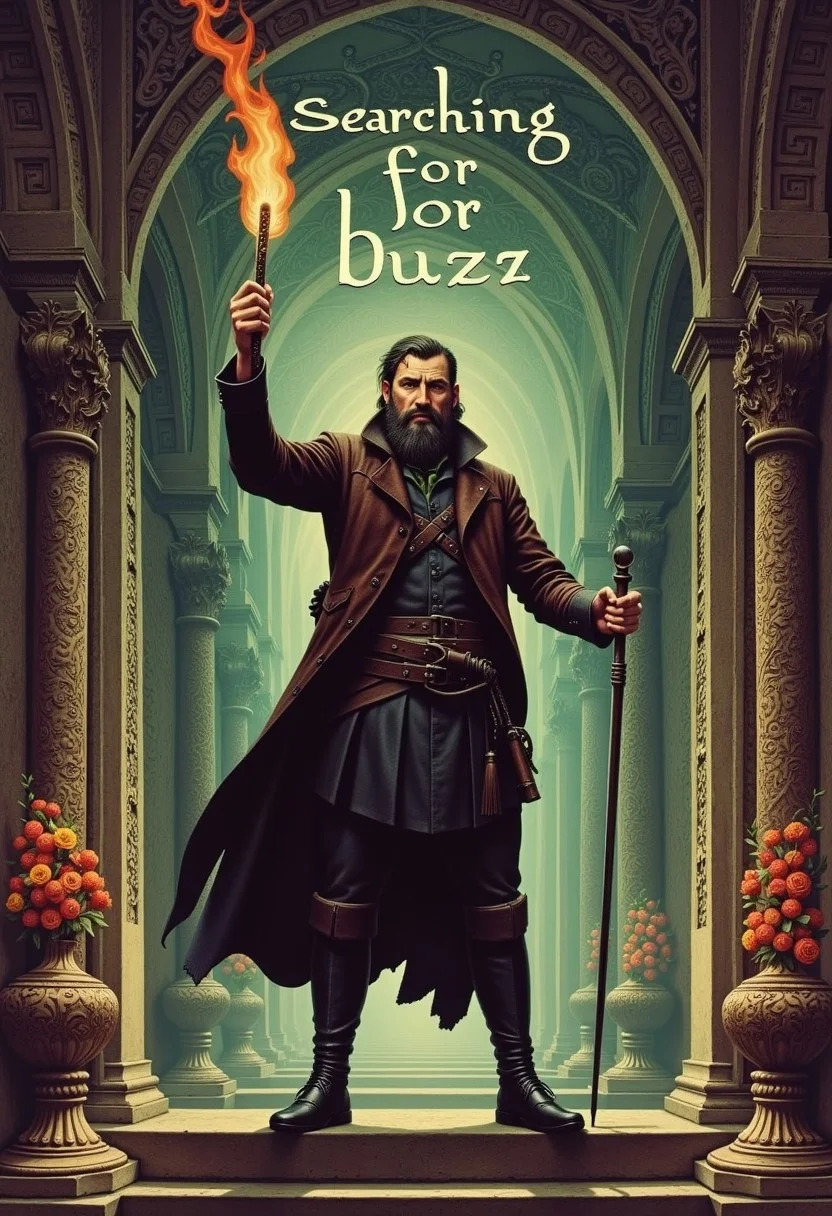 Brave investigator with the torch in his hand, enters the Eldritch lovecraftian chambers, ornaments by M.C.Escher and H.R.Giger, big 1930s style movie title "searching for buzz"
