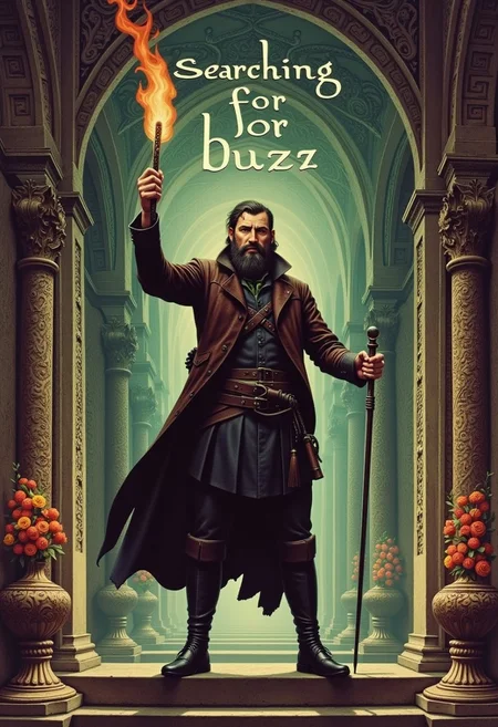 Brave investigator with the torch in his hand, enters the Eldritch lovecraftian chambers, ornaments by M.C.Escher and H.R.Giger, big 1930s style movie title "searching for buzz"