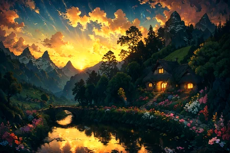 Imagine a serene landscape set during the golden hour, with the sun casting its warm glow over a picturesque village nestled in the rolling hills of the countryside. In the foreground, a crystal-clear stream meanders through lush green fields dotted with wildflowers of every hue, reflecting the vibrant colors of the sky as day transitions to evening. An ancient stone bridge spans the stream, leading to the village where quaint cottages with thatched roofs and flowering vines climbing up their walls emit a welcoming glow from their windows. In the distance, majestic mountains stand guard, their peaks just catching the last light of the sun. This tranquil scene is alive with the sounds of nature: the gentle flow of water, the soft rustle of leaves in the breeze, and the distant call of birds heading home. The whole composition invites the viewer into a timeless moment of peace and beauty, untouched by the rush of modern life. <lora:Lost_In_Dreams:0.7> <lora:xl_more_art-full_v1:0.6>, (masterpiece:1.2), best quality, (hyperdetailed, highest detailed:1.2), high resolution textures