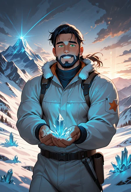 (masterpiece), best quality, 1boy, mbti_enfj, mature man, muscle man, green eyes, black-tied hair, facial hair, mountain rescue, stormy peaks, caring gaze, helping hand, strong pose, windswept hair, snowy landscape, dynamic lighting, dramatic clouds, glowing mountain light, determination, heroic action, rugged terrain, focused expression, mist, ice, soaring eagle