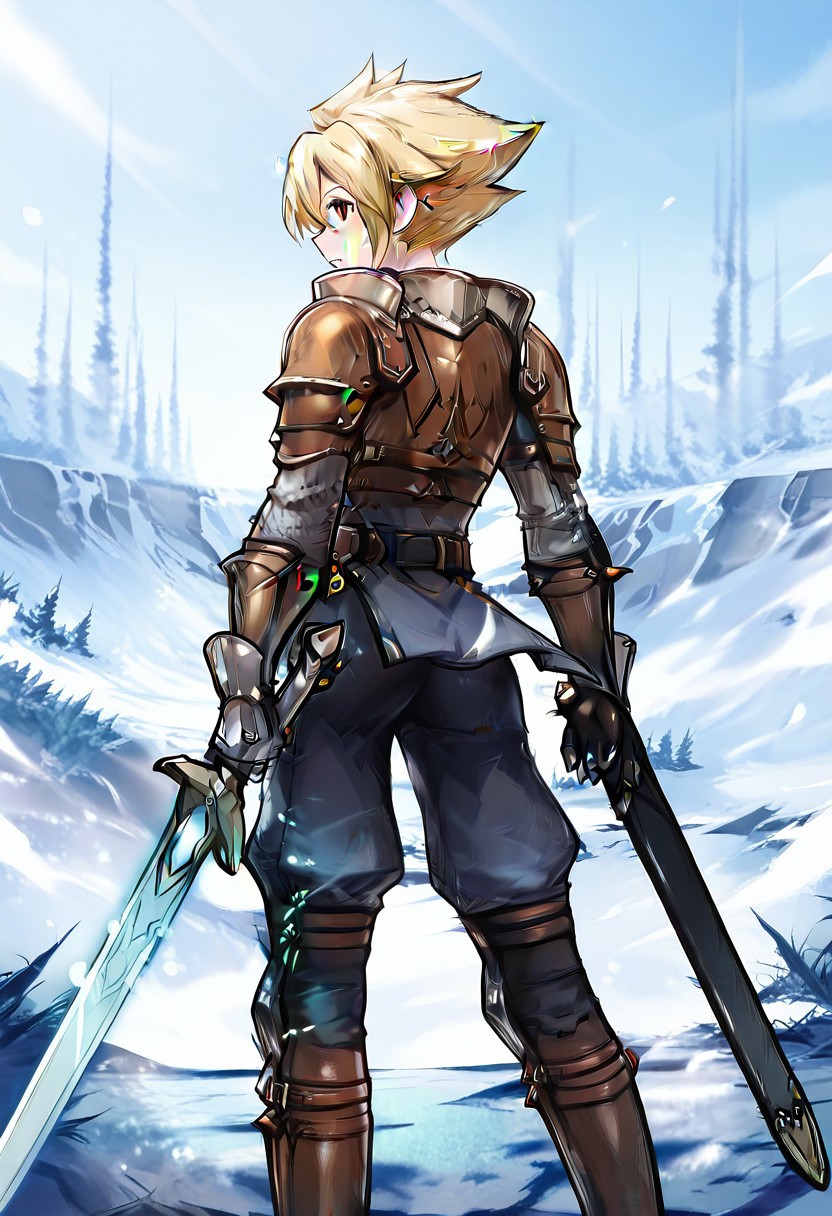 masterpiece, best quality, absurdres, highres, newest, D4t3, o3rst3d, brown eyes, blonde hair, spiked hair, shoulder armor, gauntlets, pauldrons, armor, sword, holding sword, sheath