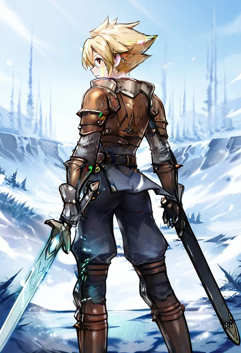 masterpiece, best quality, absurdres, highres, newest, D4t3, o3rst3d, brown eyes, blonde hair, spiked hair, shoulder armor, gauntlets, pauldrons, armor, sword, holding sword, sheath