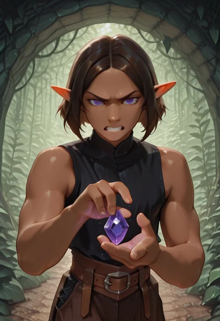 1 Lapanya, solo, Repeta, muscular, violet eyes, black sleeveless top,
furrowed eyebrows, gritted teeth, pained expression,
Holding purple gemstone in one hand, 4-sided gemstone, small gemstone,
organic cavern background,
Medieval style, Smooth colors, detailed eyes, clean lines, high quality, best quality, masterpiece, rating: safe, source: anime,