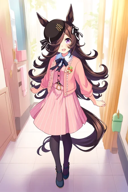 masterpiece,best quality,very aesthetic,absurdres,highres,newest,official art,official style,
1girl,solo,
rcs casual2,rice shower (umamusume),
animal ears,bangs,beret,black headwear,black pantyhose,black ribbon,
blurry,blush,brown hair,collared shirt,eyebrows visible through hair,
hair over one eye,hat,horse ears,horse girl,horse tail,jacket,long hair,long sleeves,
pink cardigan,pink dress,pink jacket,pink vest,pink skirt,purple eyes,ribbon,shirt,
skirt,striped,striped shirt,tail,tilted headwear,vertical stripes,vertical-striped skirt,
violet eyes,
standing,full body,
<lora:umamusume_rice_shower2_ill_v1.0:1>,