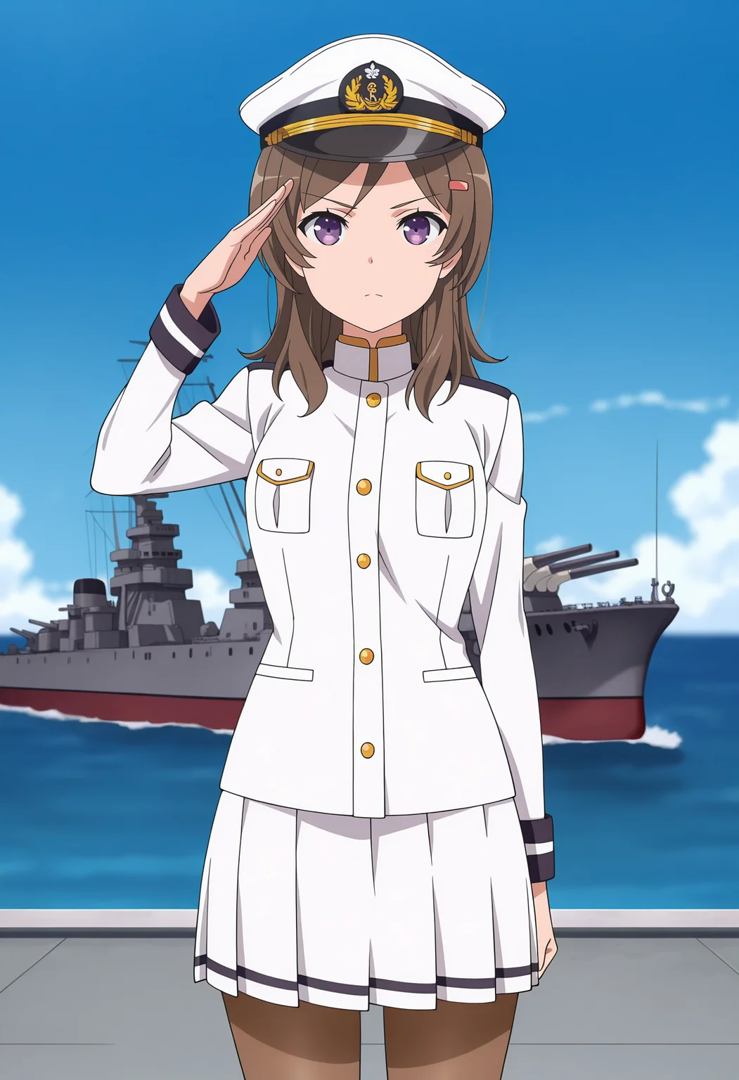 anime screencap, masterpiece, best quality,
<lora:HighSchoolFleet_ChinaMoeka_IlluXL:0.9>,
1girl, solo, serious,
long hair, brown hair, purple eyes, hairclip,
sailor hat, naval uniform, white jacket, pleated skirt, white skirt, brown pantyhose,
salute, standing, looking at viewer, cowboy shot,
horizon, dock, outdoors, battleship, warship, blue sky, blurry background
