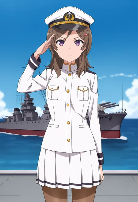 anime screencap, masterpiece, best quality,
<lora:HighSchoolFleet_ChinaMoeka_IlluXL:0.9>,
1girl, solo, serious,
long hair, brown hair, purple eyes, hairclip,
sailor hat, naval uniform, white jacket, pleated skirt, white skirt, brown pantyhose,
salute, standing, looking at viewer, cowboy shot,
horizon, dock, outdoors, battleship, warship, blue sky, blurry background