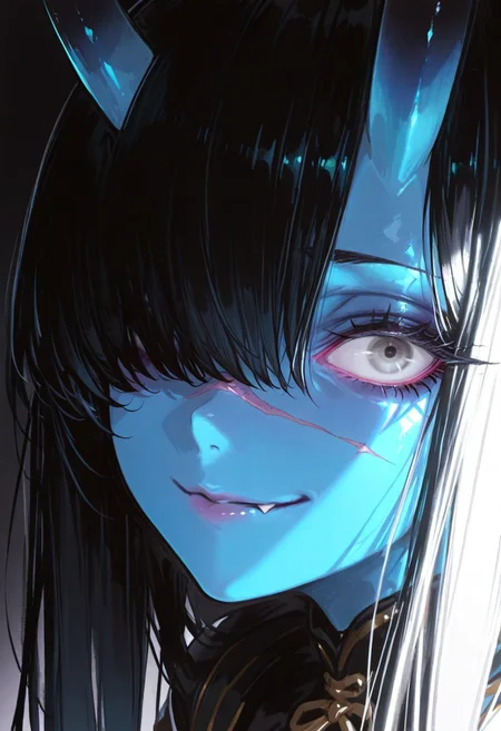 masterpiece, best quality, good quality, newest, highres, absurdres, volumetric lighting,gradient color,
BREAK
raytracing, volumetric lighting, ambient occlusion, girl, luminescent background, masterpiece, best quality, very awa, absurdres,
BREAK
Aka-Oni, oni, colored skin, (blue skin:1.3), straight horns, solo, long hair, model style,
evil eyes, evil, bullying, sinister, smirk,
BREAK
masterpiece,amazing quality,best quality,ultra-detailed,8K,illustration,CG,shiny hair,clear skin,ultra-detailed-eyes,simple background,cute girl, eyelashes
BREAK,
perfect composition, solo, 1girl, gray eyes, long hair, black hair, hair over one eye, scar on nose, extreme eye close up, eye focus, eye reflection, wide eyed, eyelashes, blank stare, looking at viewer, glowing iris