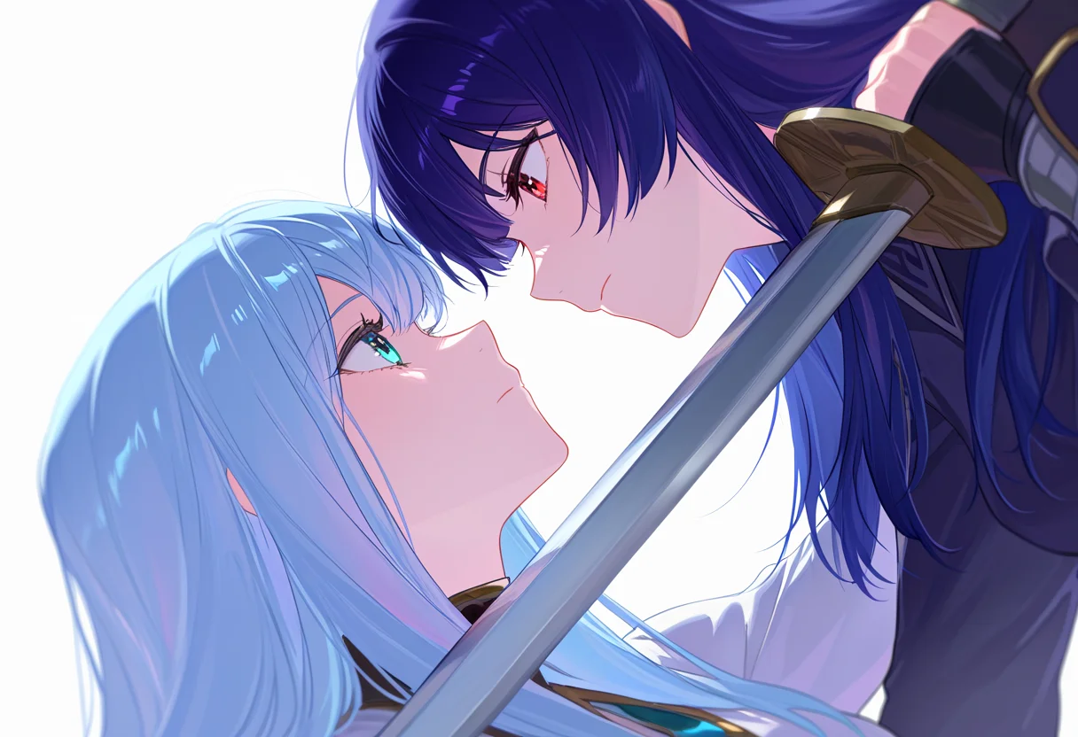 masterpiece, high quality, absurdres, simple background, 1girl, 1boy, holding, holding sword, holding weapon, multiple girls, sword, sword to throat, face-to-face, eye contact, looking at another, closed mouth, <lora:sword_to_throat:1>