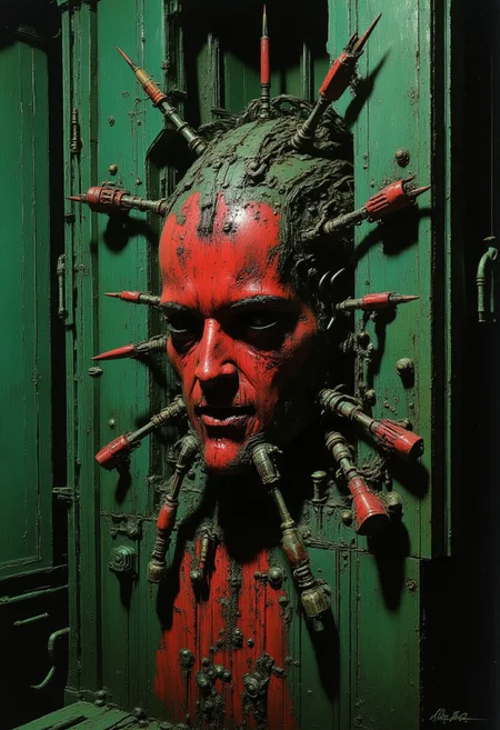 abstract photorealistic ink image in red, black and blue,
A hellish, cenobite-inspired demon with multiple mechanical limbs extending from its back, each ending in a sharp, surgical tool. Its pale, scarred skin is stretched unnaturally tight across its body, and its expression is one of detached malice. Rusted chains hang from the walls around it, and the room is bathed in a sickly green light, adding to the atmosphere of twisted pain and experimentation.
In the style of grainy 80s VHS dark fantasy horror, vintage Halloween, autumn harvest tones, occult mysticism, gritty animatronics, with Sean Äaberg's psychedelic grotesque flair, evoking eerie, grainy VHS footage