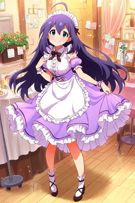 masterpiece,best quality,very aesthetic,absurdres,highres,newest,official art,official style,
1girl,solo,
mochizuki anna,purple hair,green eyes,ahoge,
purple dress,maid headdress,maid,
<lora:eye_focus_illus:1>,eye_focus,
standing,full body,
<lora:idolmaster_mochizuki_anna_ill_v1.0:1>,