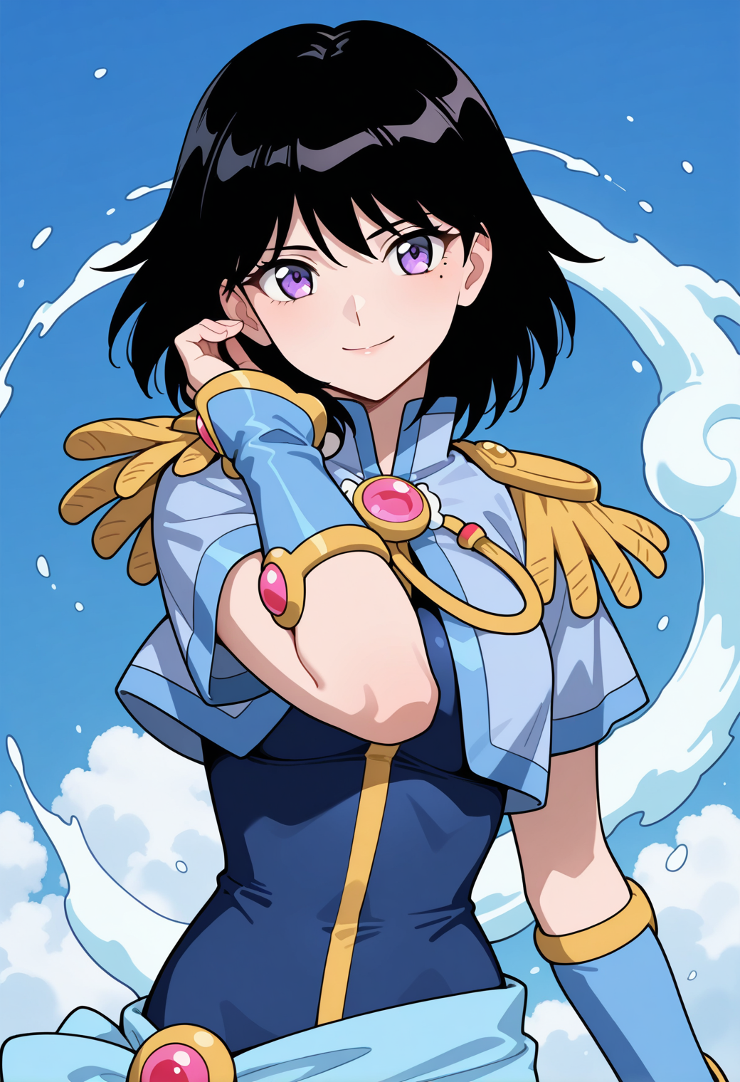 masterpiece, best quality, very aesthetic, absurdres, 1girl, solo,
<lora:corrector_ai_water_v02:0.9>, corrector_ai, water_element_suit, black hair, short hair, mole under eye, purple eyes,
magical girl, epaulettes, blue bodysuit, brooch, aiguillette, (smile:0.7), posing, upper body,