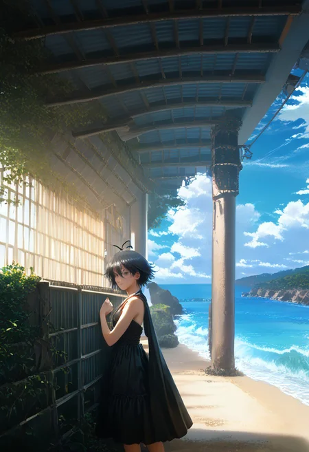 score_9, score_8_up, score_7_up, score_6_up, source_anime, <lora:Worldly_XL:1.25> <lora:AIU 0.3v:1.1> detailerlora, sunlight, ocean, waves, open sky, clouds, wind, nature, seabirds, coastal vegetation, small coastal flowers, 1girl, solo, Kikuchi Makoto is walking on the beach in windy weather, cowboy shot, 3/4 shot, <lora:KikuchiMakoto_pony_v1:0.9> kkcmkt, short hair, black hair, antenna hair, hair between eyes, black eyes, flat chest, small breasts, summer clothes, beachwear, swimwear, Score_PnyReal, <lora:StS_PonyXL_Detail_Slider_v1.2:5>